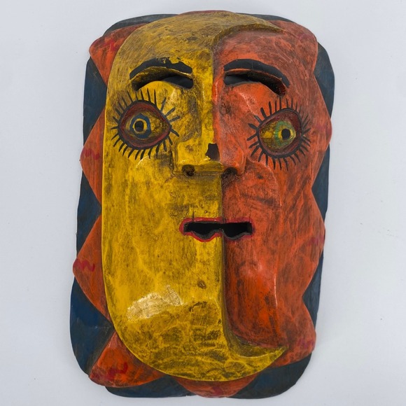 Other - VTG Mexican Folk Art Celestial Sun and Moon Hand Carved Wooden Face Mask  oddity